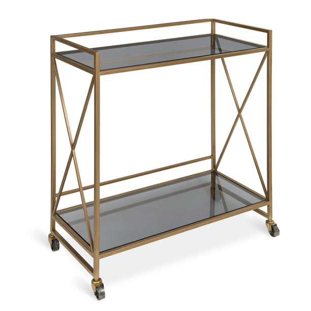Pemberly Row Modern 3-Shelf Glass and Metal Bar Cart in Satin Gold
